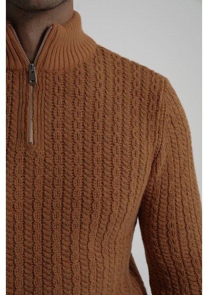 Erkek Kısa Fermuarlı Selanik Saç Örgülü Dik Yaka Yün Kazak TRIST-5350