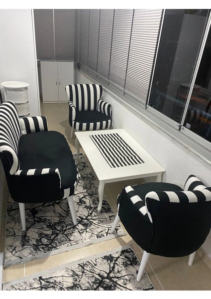 - Roma Çay Seti Koltuk Takımı - Dijital Baskı Kumaş - Zebra Siyah Beyaz Çizgili Desen - Ahşap Beyaz Ayak -Siyah Beyaz