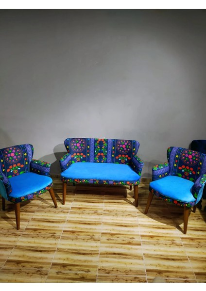 - Roma Çay Seti Koltuk Takımı - Etnik Desenli Kumaş - Ahşap Ayak - Mavi Turkuaz fiyatları
