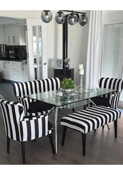 - Roma Çay Seti Koltuk Takımı - Dijital Baskı Kumaş - Zebra Siyah Beyaz Çizgili Desen - Benchli