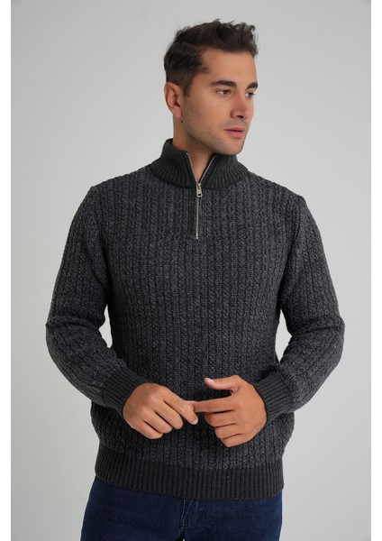 Erkek Kısa Fermuarlı Selanik Saç Örgülü Dik Yaka Yün Kazak TRIST-5350