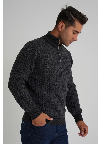 Erkek Kısa Fermuarlı Selanik Saç Örgülü Dik Yaka Yün Kazak TRIST-5350 fiyatları