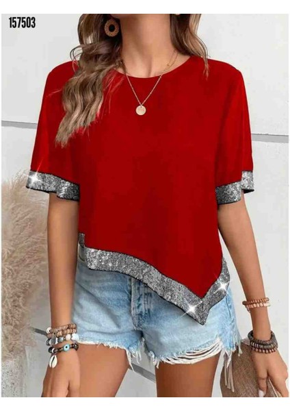 Kadın Kısa Kollu Bisiklet Yaka Asimetrik Kesim Detaylı Pul Payetli Krep Bluz, Kırmızı Gül Figürlü Kolye Hediye fiyatları