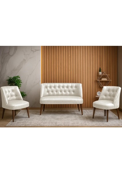 - Milano Çay Seti Koltuk Takımı - Deri Kumaş - Ahşap Ayak - Ofis Koltuk Takımı - Krem