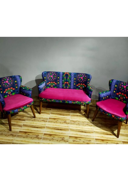 - Roma Çay Seti Koltuk Takımı - Etnik Desenli Kumaş - Ahşap Ayak - Fuşya