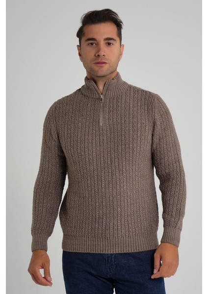 Erkek Kısa Fermuarlı Selanik Saç Örgülü Dik Yaka Yün Kazak TRIST-5350