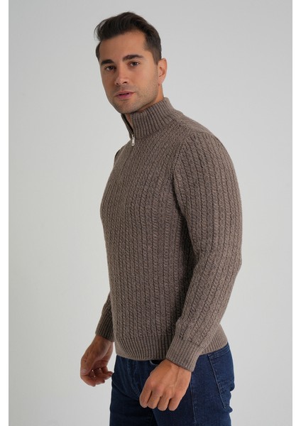 Erkek Kısa Fermuarlı Selanik Saç Örgülü Dik Yaka Yün Kazak TRIST-5350 fiyatları