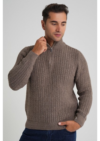 Erkek Kısa Fermuarlı Selanik Saç Örgülü Dik Yaka Yün Kazak TRIST-5350 modelleri