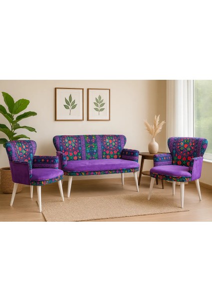 - Roma Çay Seti Koltuk Takımı - Etnik Desenli Kumaş - Ahşap Ayak - Ahşap Beyaz Ayak - Mor