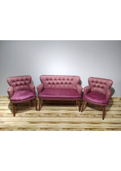 - Roma Çay Seti Koltuk Takımı - Dijital Baskı Kumaş - Kaz Ayağı Desen - Ahşap Ayaklı - Gül Kurusu