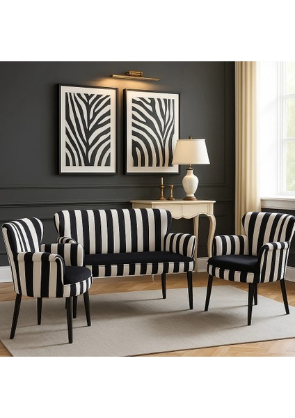 - Roma Çay Seti Koltuk Takımı - Dijital Baskı Kumaş - Zebra Siyah Beyaz Çizgili Desen - Ahşap Siyah Ayak