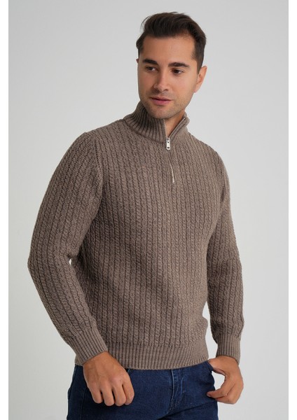 Erkek Kısa Fermuarlı Selanik Saç Örgülü Dik Yaka Yün Kazak TRIST-5350 fırsatları