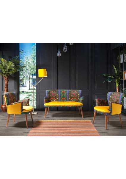 - Roma Çay Seti Koltuk Takımı - Etnik Desenli Kumaş - Ahşap Ayak - Sarı