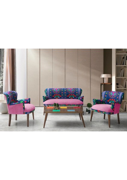 - Roma Çay Seti Koltuk Takımı - Etnik Desenli Kumaş - Ahşap Ayak - Pembe