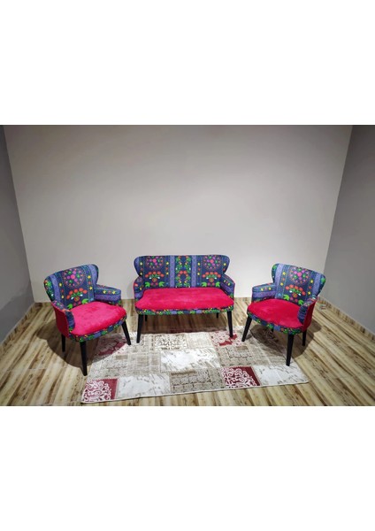 - Roma Çay Seti Koltuk Takımı - Etnik Desenli Kumaş - Ahşap Ayak - Kırmızı