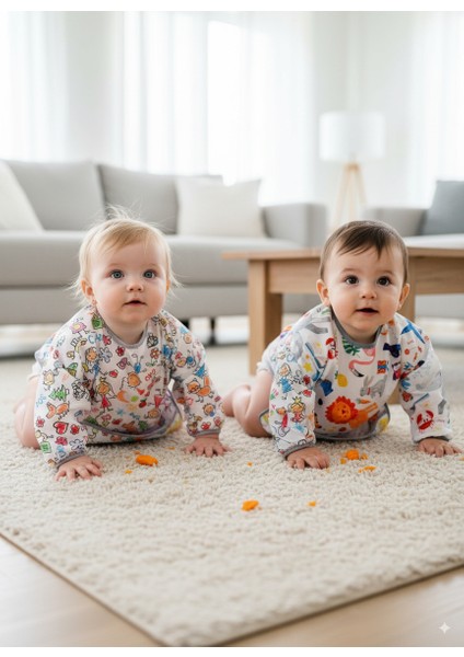 2'li Ekonomik Set, Jungle ve Family 6-24AY Uzun Kollu, Sıvı Geçirmeyen Bebek Önlük, Cepli ve Arkadan Cırtlı
