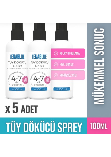 Tüy Dökücü ve Tüy Azaltıcı Tüy Alma Krem Tüm Cilt Tipleri Için Epilasyon Sprey 100 ml (Unisex) x 5ADET