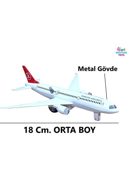 Metal Gövdeli Orta Boy 18 Cm. Sesli Işıklı Çekbırak Oyuncak Uçak Türk Hava Yolları Thy