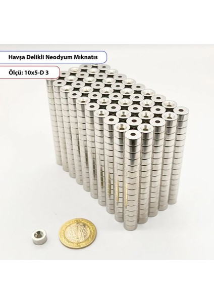 Havsa Delikli Neodyum Mıknatıs – 10X5 mm – Havsa 6,3 mm - Delik 3mm -10 Adet