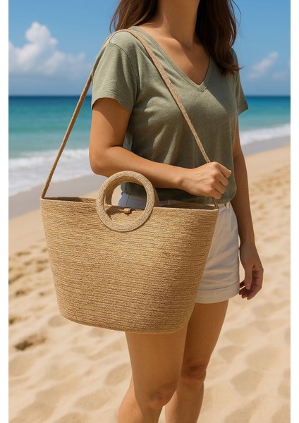 Doğal Hasır Düğmeli Bej Şeritli El Yapımı Plaj Çantası