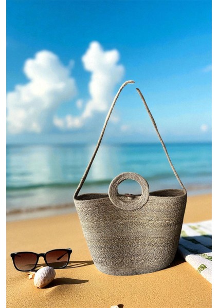 Doğal Hasır Düğmeli Bej Şeritli El Yapımı Plaj Çantası fiyatları