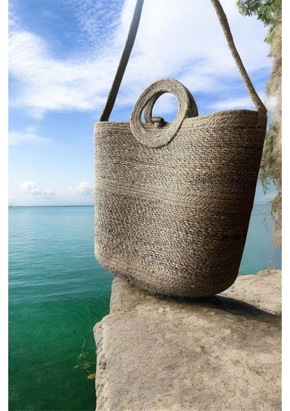 Doğal Hasır Düğmeli Bej Şeritli El Yapımı Plaj Çantası modelleri