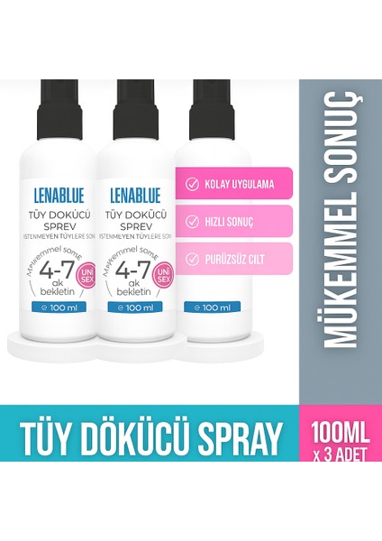 Tüy Dökücü ve Tüy Azaltıcı Tüy Alma Krem Tüm Cilt Tipleri Için Epilasyon Sprey 100 ml (Unisex) X3ADET