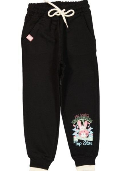 Kız Çocuk Tavşan Desenli Cepli Siyah Eşofman Altı