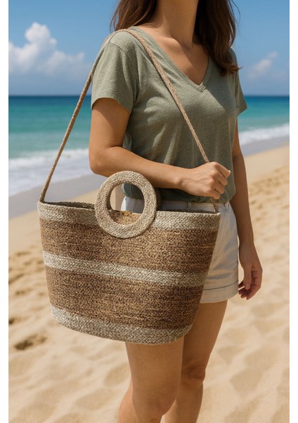 Doğal Hasır Düğmeli Krem Şeritli El Yapımı Plaj Çantası