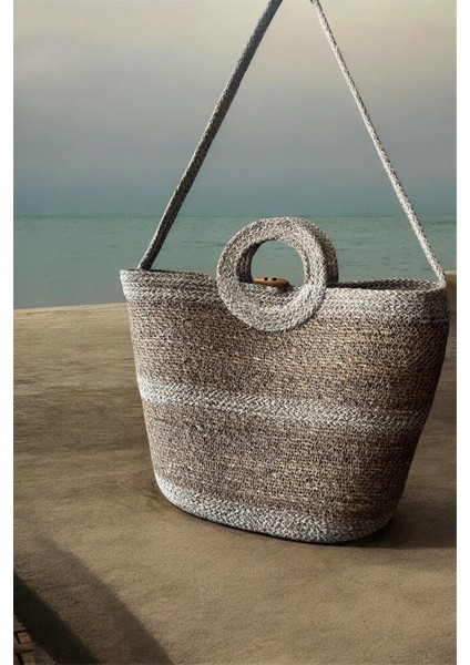 Doğal Hasır Düğmeli Krem Şeritli El Yapımı Plaj Çantası fiyatları