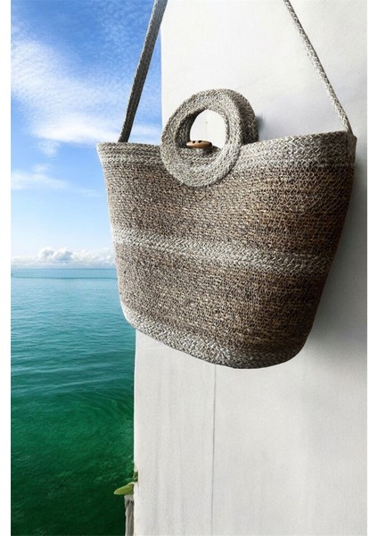 Doğal Hasır Düğmeli Krem Şeritli El Yapımı Plaj Çantası modelleri