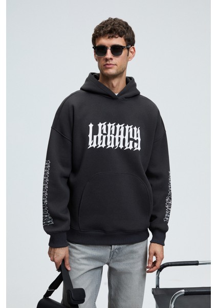 Armand Erkek Kapüşonlu Kanguru Cepli Önü Baskılı Oversize Antrasit Sweatshirt