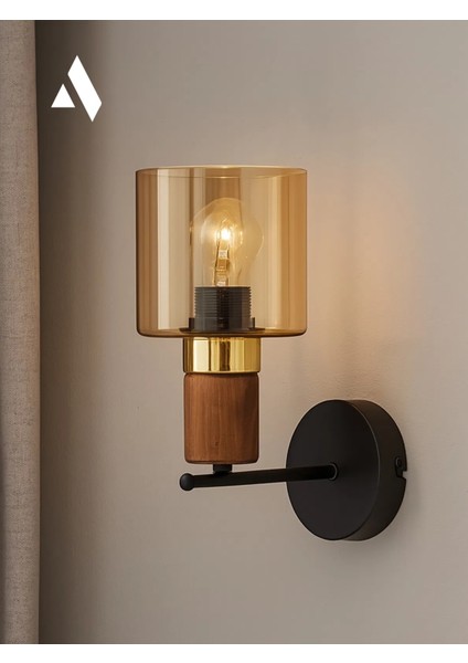 Elyra Modern Dekoratif Aplik – Gold & Ahşap Detaylı, Bal Renk Camlı Duvar Aydınlatma