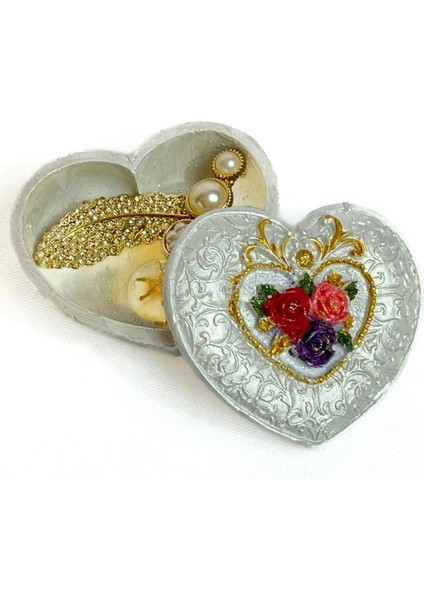 5817 El Yapımı Kalpli Dekoratif Kapaklı Mini Kutu / Inci Beyazı