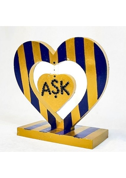 0654 El Yapımı Sarı Lacivert Çizgili Kalp Şeklinde Dekoratif Hediyelik Obje