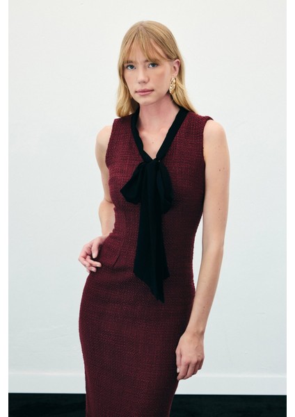 Fularlı Kolsuz Tüvit Elbise - Bordo indirimleri