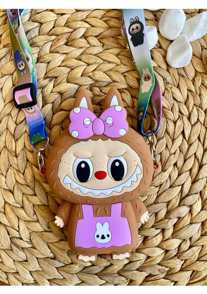 Kız Çocuk Labubu Model Çıkartılabilir Askılı Kahverengi Tek Gözlü Silikon Yan Çapraz Çanta