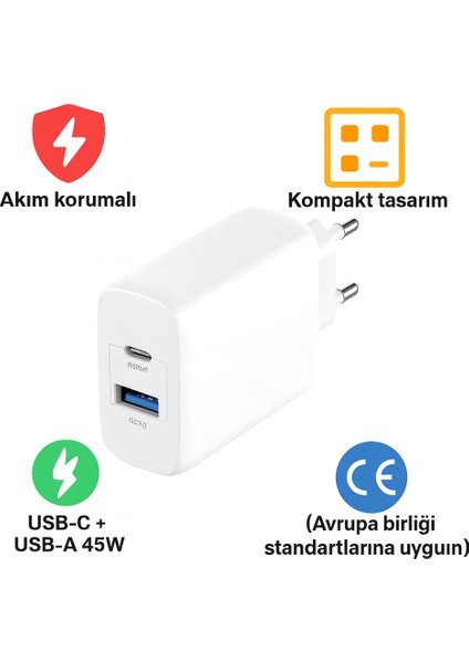 GaN Teknolojili 45W Çift Port Şarj Adaptörü Ultra Hızlı ve Güvenli Şarj Telefon Tablet Uyumlu fiyatları