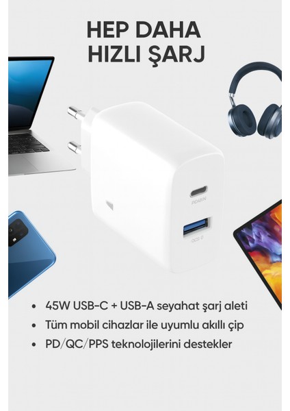 GaN Teknolojili 45W Çift Port Şarj Adaptörü Ultra Hızlı ve Güvenli Şarj Telefon Tablet Uyumlu modelleri