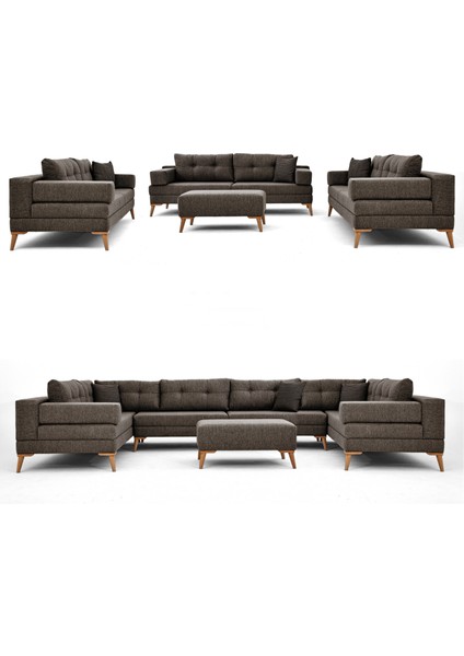 Zeri 3+3+3 Yataklı Puzzle Modüler U Köşe Koltuk Takımı & Puflu Köşe Takımı - Kahve 157