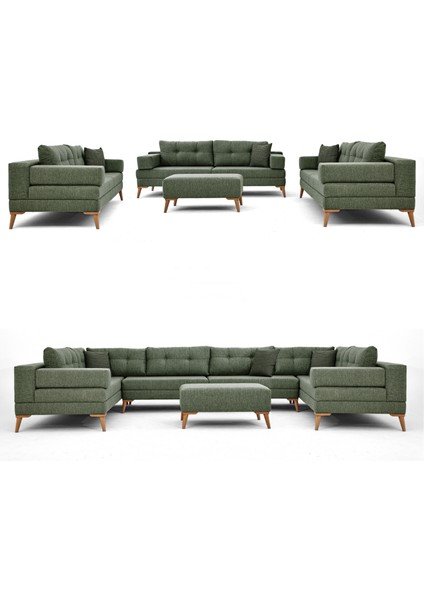 Zeri 3+3+3 Yataklı Puzzle Modüler U Köşe Koltuk Takımı & Puflu Köşe Takımı - Yeşil 127