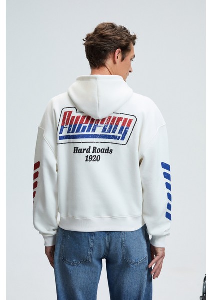 Abısmo Erkek Kapüşonlu Kanguru Cepli Kolları ve Sırtı Baskılı Relaxed Fit Beyaz Sweatshirt fiyatları