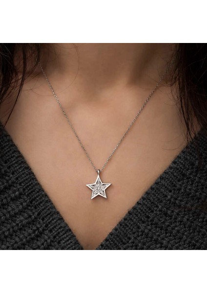 ​​925 Ayar Gümüş Baget Taşlı Yıldız Kadın Gümüş Kolye (BC-634E89) fiyatları