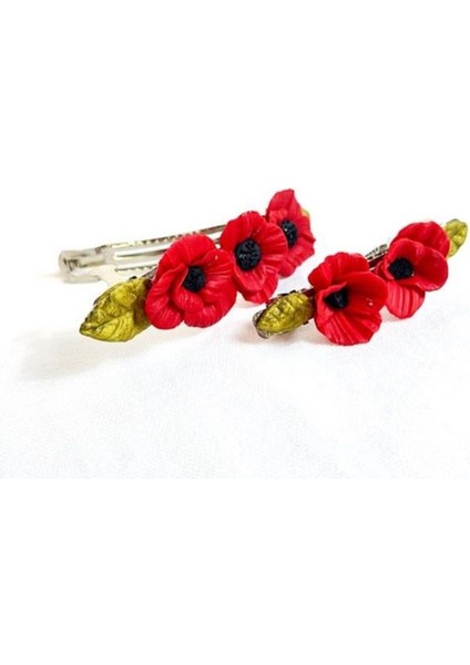 2942 El Yapımı Gelincik Çiçek Desenli Polimer Kil 2’li Set Klipsli Saç Tokası / 8 cm - 6 cm