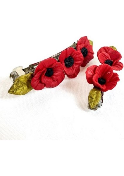 2942 El Yapımı Gelincik Çiçek Desenli Polimer Kil 2’li Set Klipsli Saç Tokası / 8 cm - 6 cm modelleri