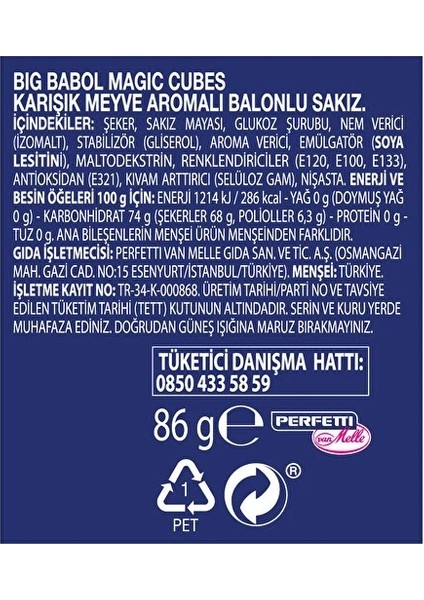 Magic Cubes Karışık Meyve Aromalı Balonlu Sakız Büyük Boy 86 G (2 Adet) modelleri