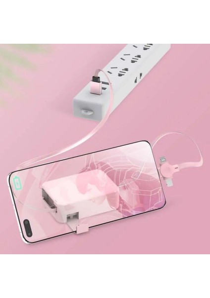 Cep Tipi Telefon Tutuculu Makaralı Uzayıp Kısalabilen 3&amp;apos;ü 1 Arada USB Şarj Kablosu (4915)