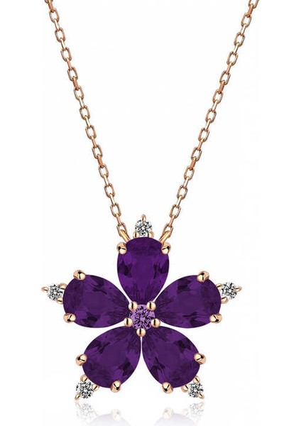 925 Ayar Gümüş Rose Mor Kamelya Çiçeği Kolye (BC-8E0B63)