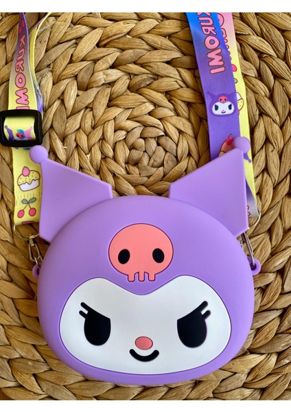 Kız Çocuk Sanrio Kuromi Figürlü Çıkartılabilir Ayarlanabilir Renkli Askı Mor Renk Silikon Çapraz Çanta Cüzdan