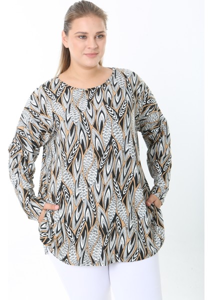 Yünlü Viskon Desenli Likralı Kadın Büyük Beden Tunik